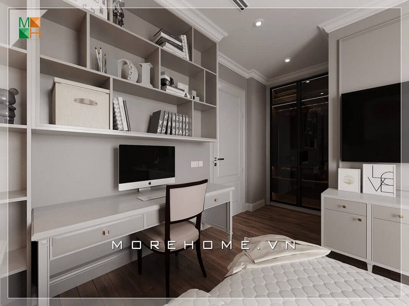 Một mẫu thiết kế nội thất hiện đại với phong cách đẹp mắt được giới thiệu bao gồm một bàn làm việc và một kệ sách treo tường phòng ngủ. Chất liệu sản xuất chính là gỗ công nghiệp cao cấp An Cường, có màu sắc đẹp mắt và trang trí phù hợp với màu sắc căn phòng.